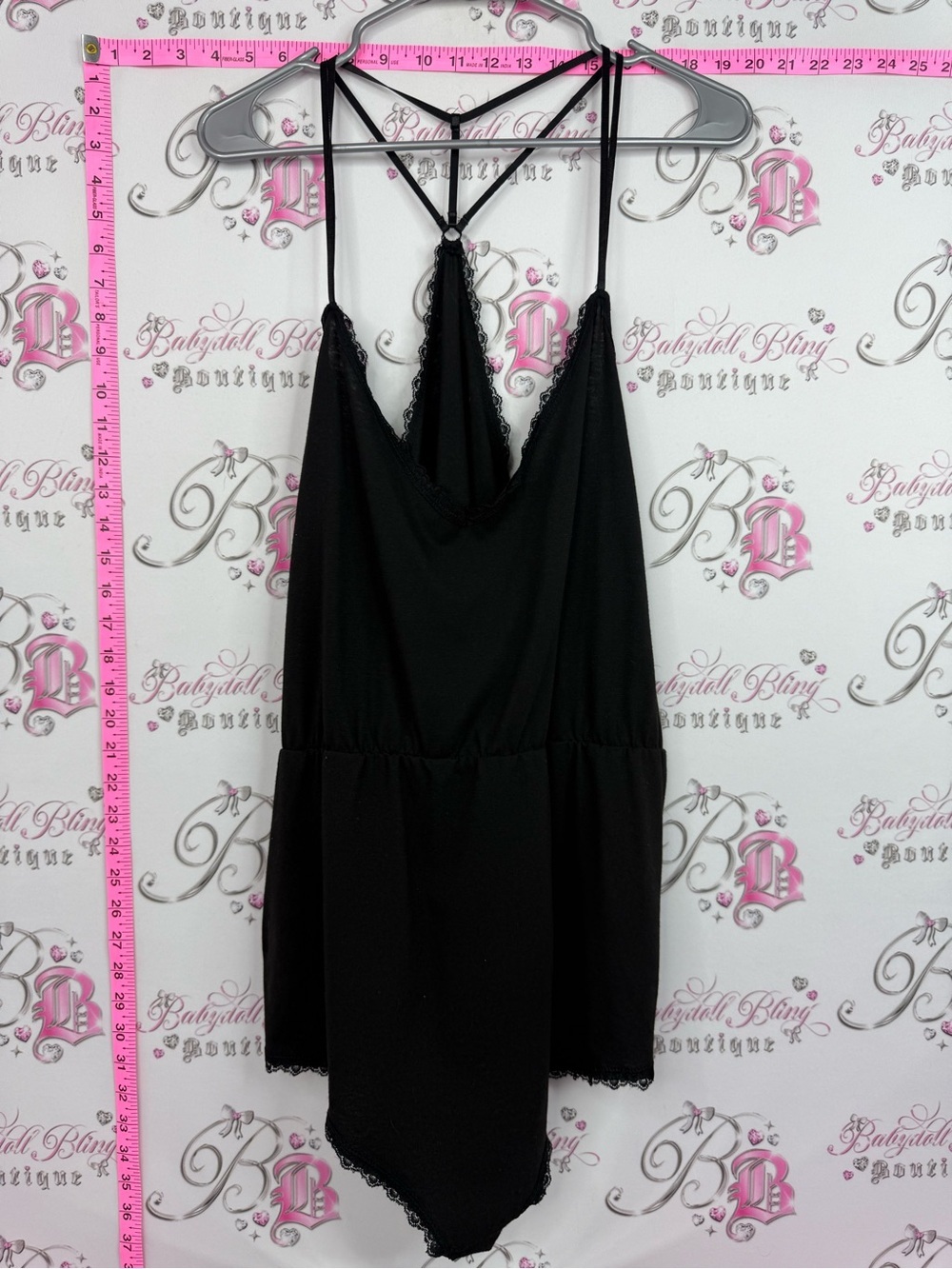 Romper Lacie Black Strappy Slip Dress with Lace Trim